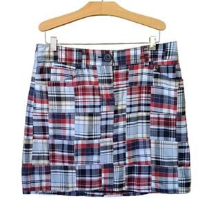 LOFT Red White Navy Blue Plaid Patchwork Mini Skirt Size 4